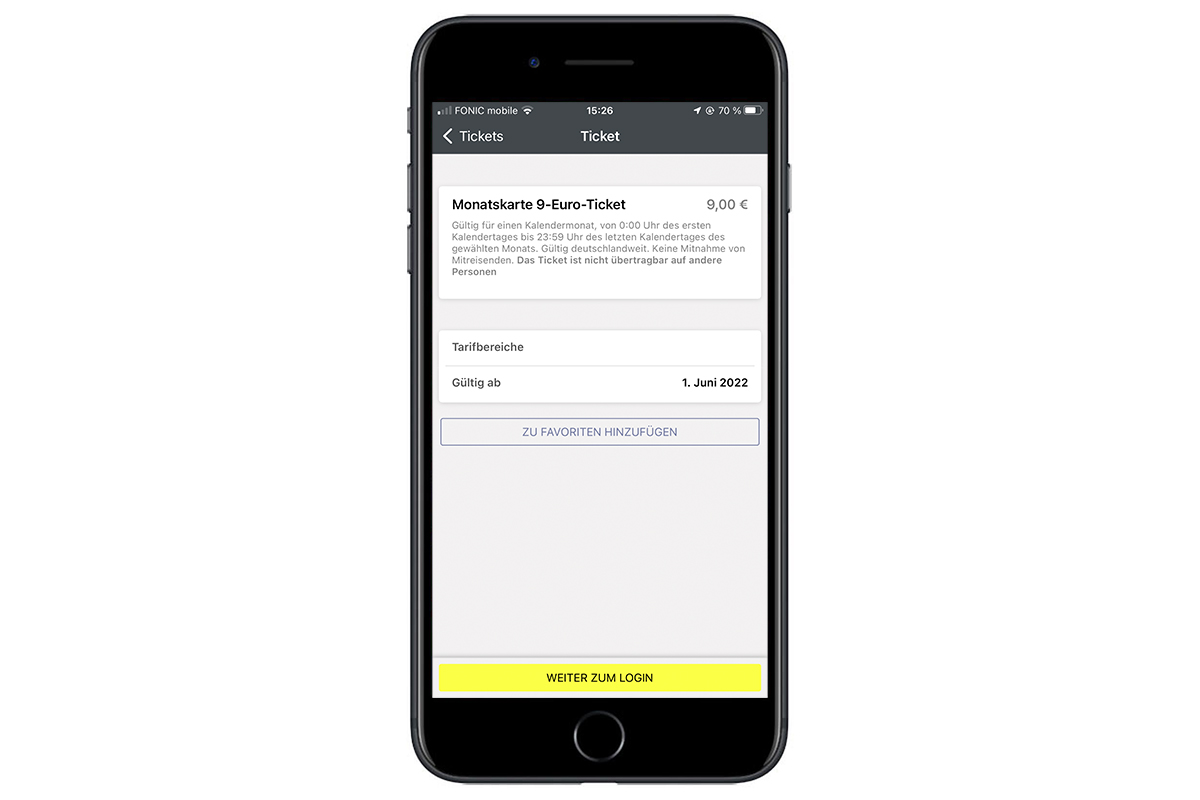 Aufnahme der BVG App beim Kaufvorgang des 9-Euro-Tickets