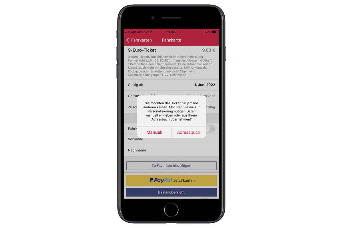 Ansicht der App des Hamburger Verkehrsverbundes mit Hinweis, dass auch für andere Personen gebucht werden kann.