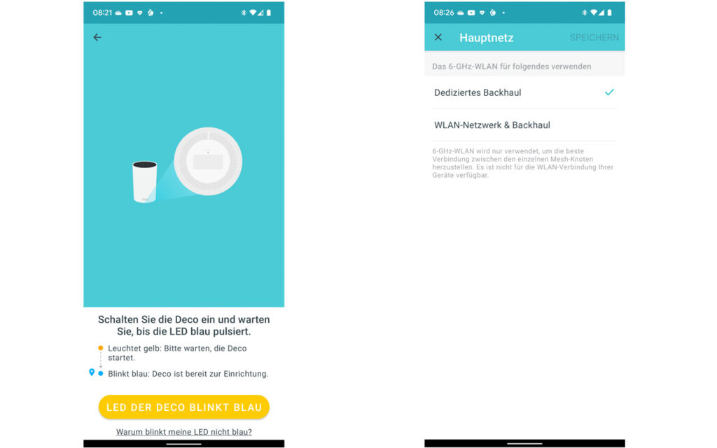 Zwei App-Screenshots, die den Einrichtungsvorgang des Deco X75 Mesh-Kits zeigen