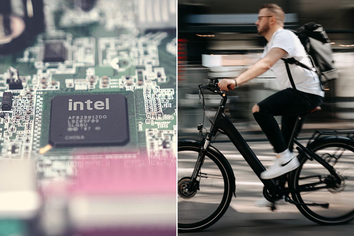 linke Bildhälfte: Computerchip, rechte Bildhälfte: E-Bike-Fahrer