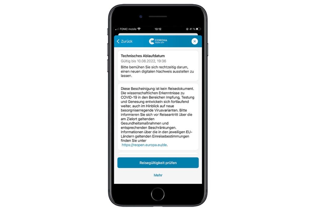 Ein Screenshot der Corona Warn App mit Benachrichtigung, dass das Zertifikat erneuert werden muss.