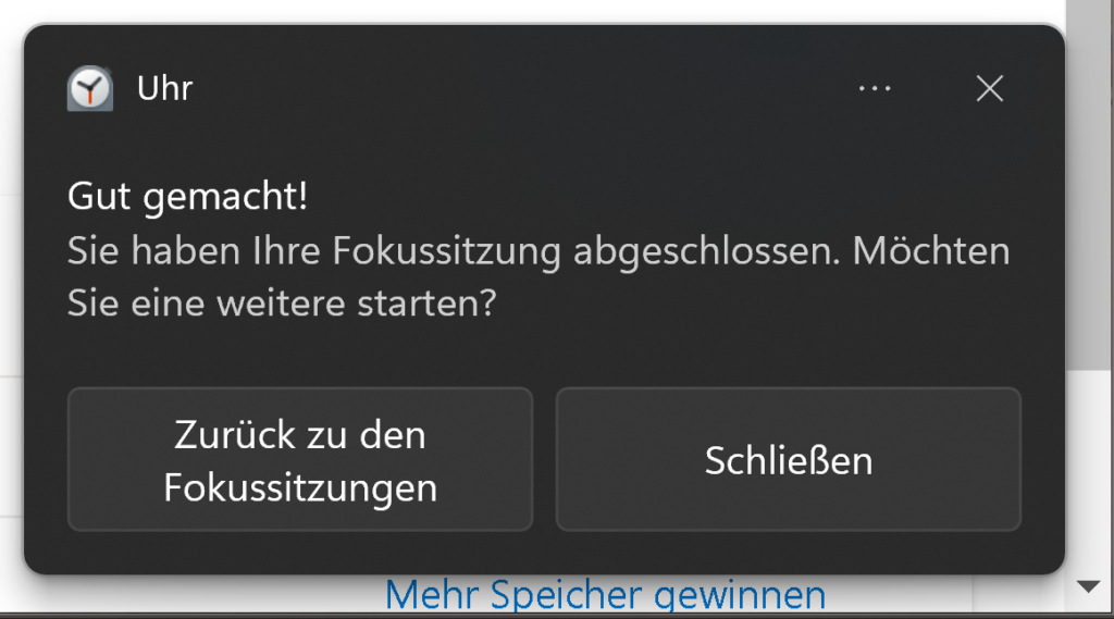 Screenshot dunkles Dialogfenster mit Lob für Fokussitzung