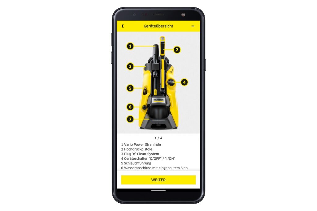 Smartphone zeigt gelbe App von Kärcher