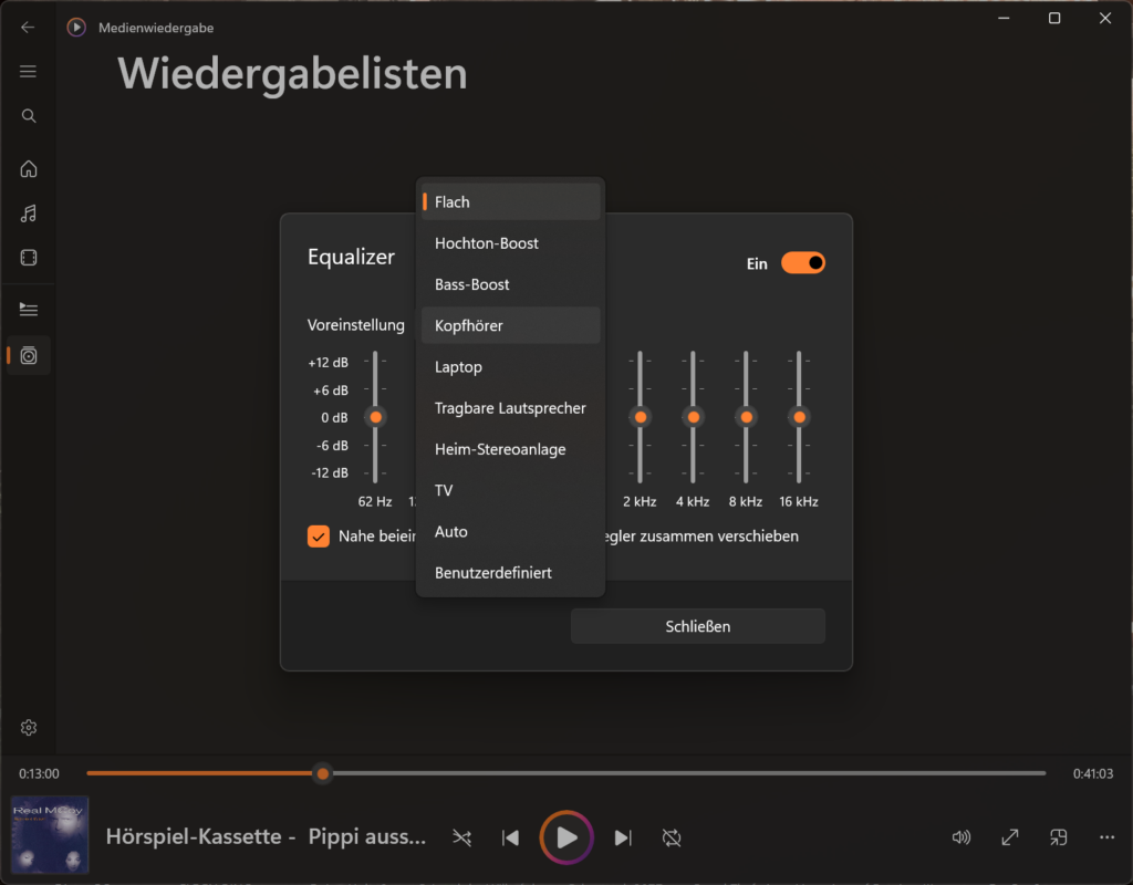 Screenshot dunkler Media Player mit Einstellungen