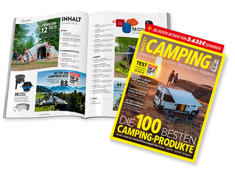 Titel und Inhalt von neuen IMTEST Kaufheft "Camping!