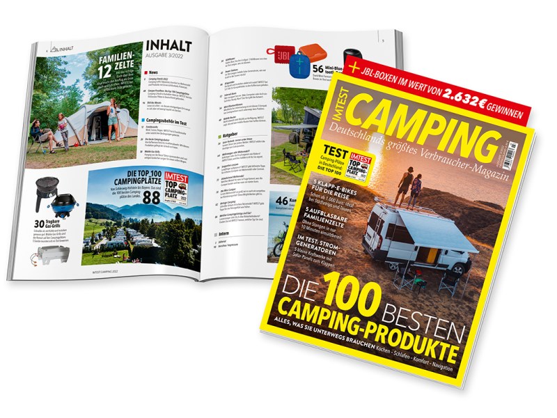Titel und Inhalt von neuen IMTEST Kaufheft "Camping!