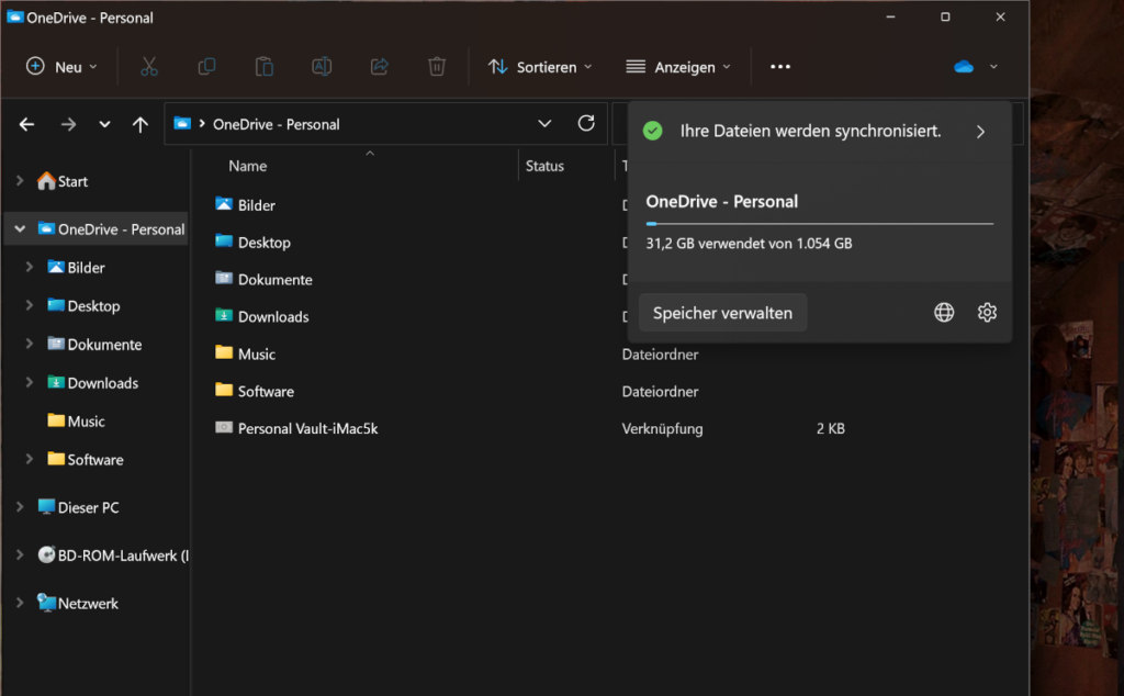 Screenshot Dunkles Fenster mit OneDrive Status