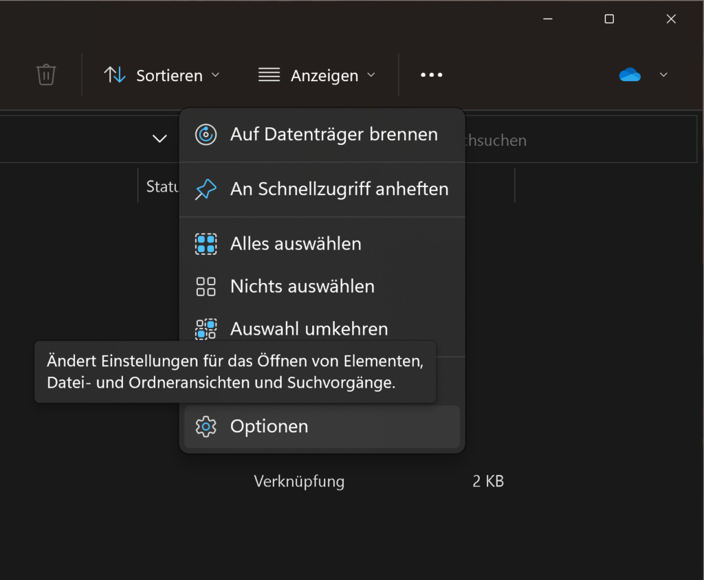 Screenshot dunkles Fenster mit OneDrive Verknüpfung