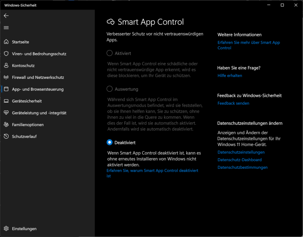 Screenshot dunkles Fenster Smart App Control