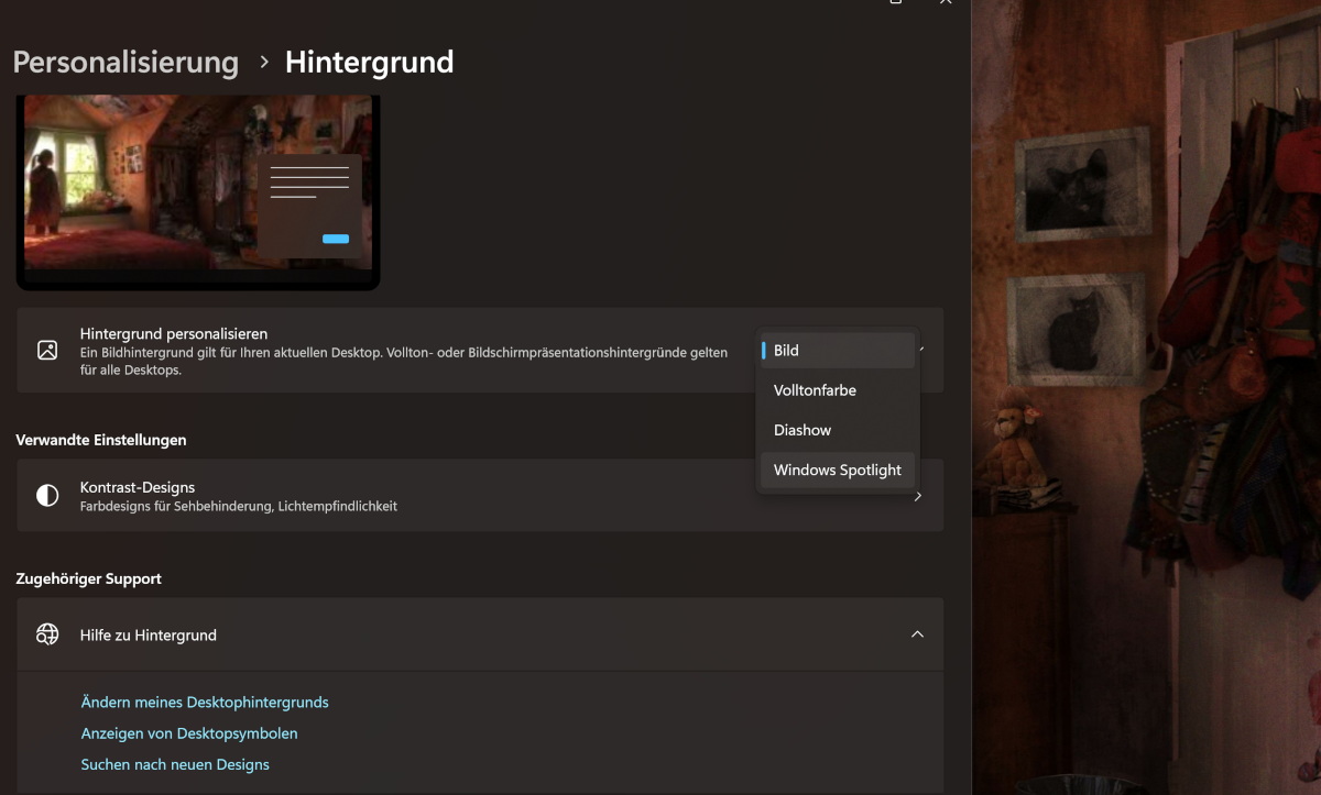 Screenshot dunkles Fenster mit Spotlight Einstellungen