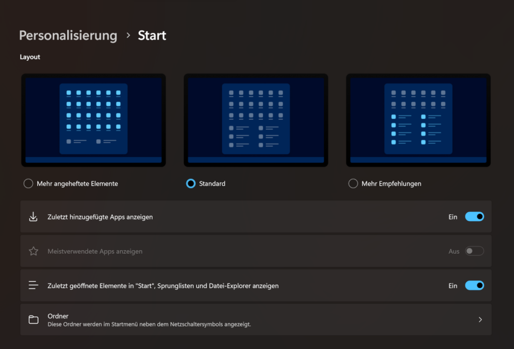 Screenshot dunkles Fenster mit Starmenü-Optionen