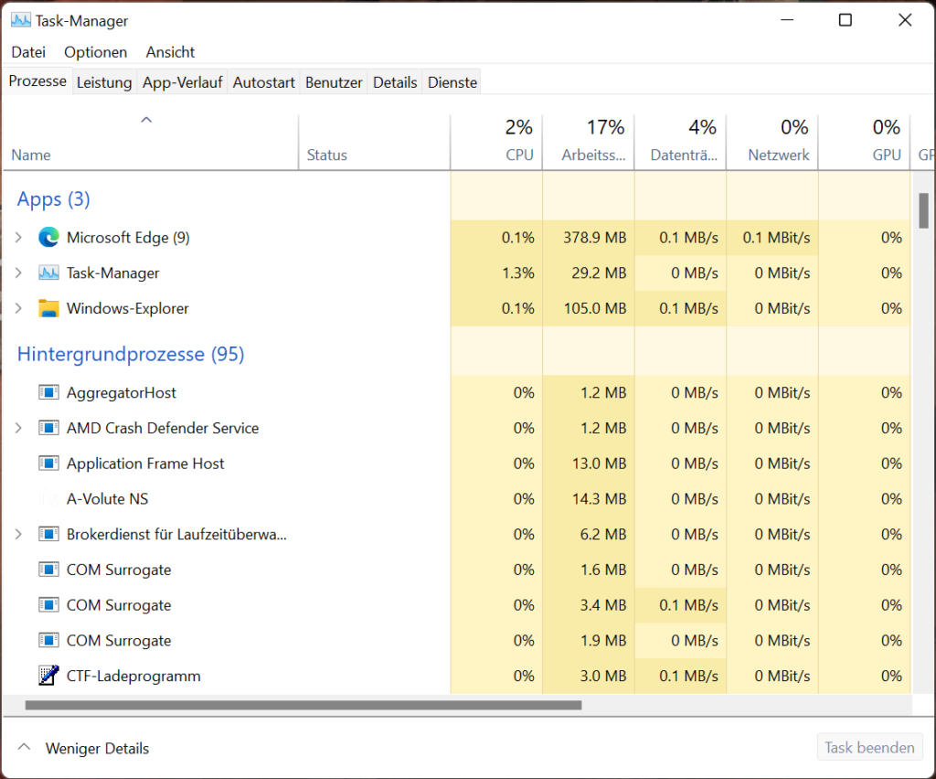 Screenshot heller Taskmanager