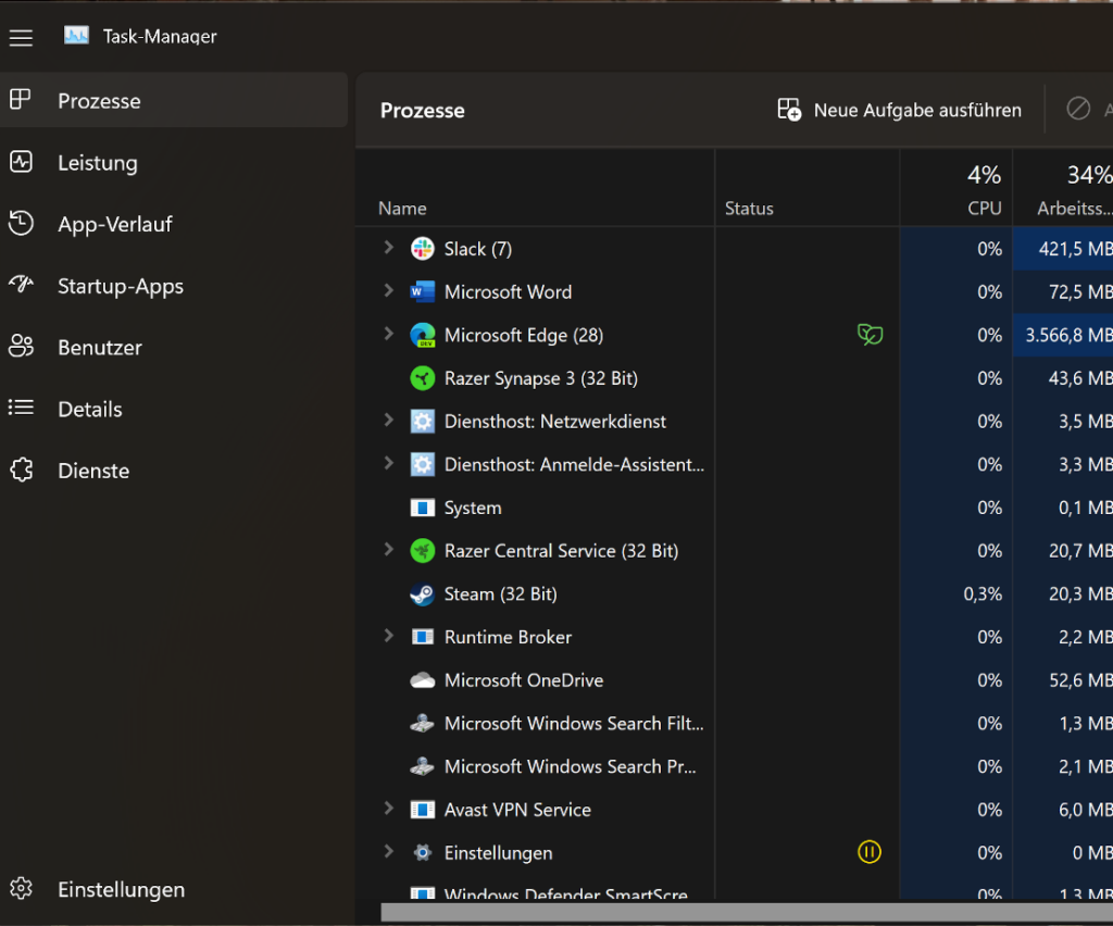 Screenshot schwarzer Taskmanager von Windows 11 22H2