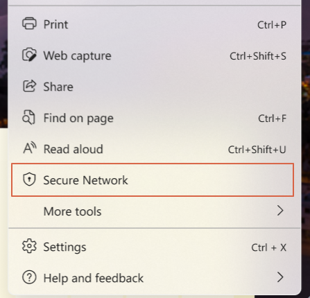 Screenshot Funktionsmenü mit rot eingekreistem "Secure Network"