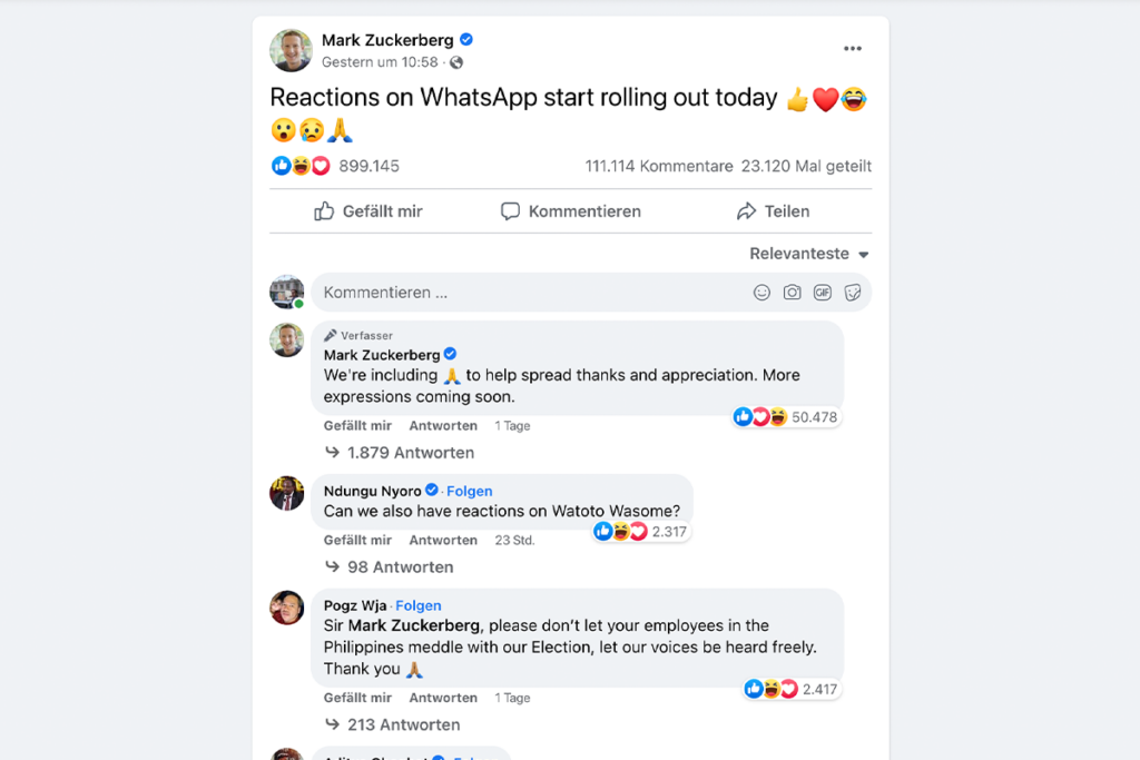 Facebook-Post von Mark Zuckerberg