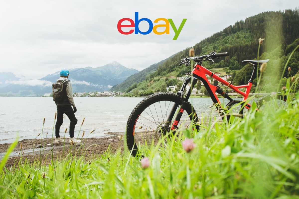 Orangenes Rad hinter Gras im Vordergrund, im Hintergrund Mann an See mit Bergpanorama und eBay Logo im Himmel
