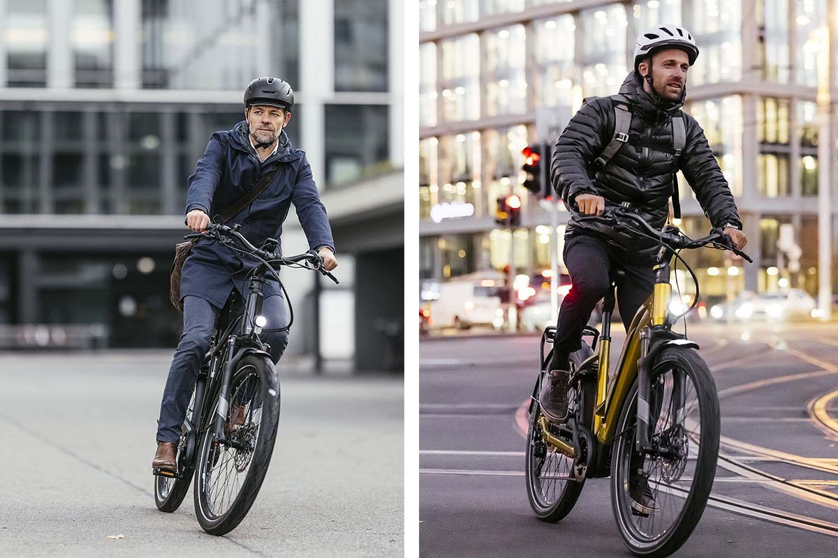 zweigeteiltes Bild: auf beiden fährt ein mann jeweils auf einem e-bike von flyer (upstreet 3) durch die stadt