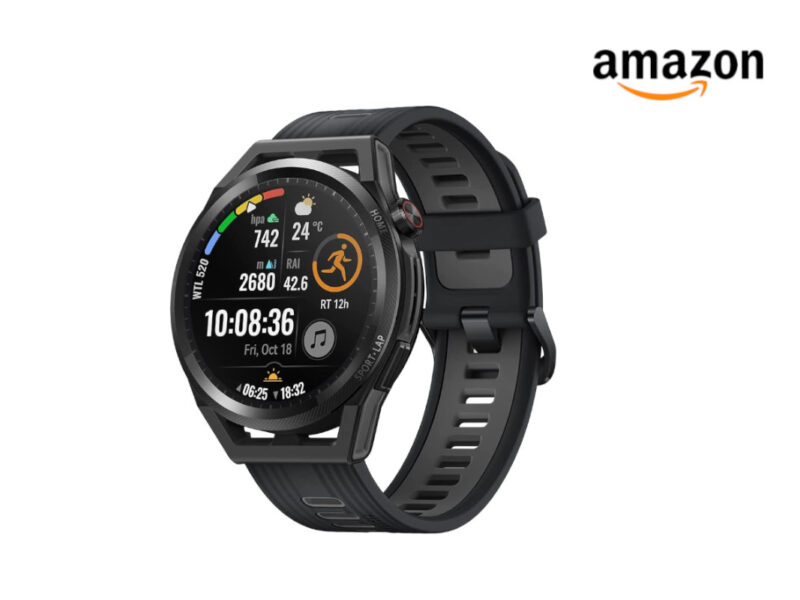 Schwarze Smartwatch Huawei schräg von vorne als Deal des Tages auf weißem Hintergrund und Amazon-Logo rechts oben