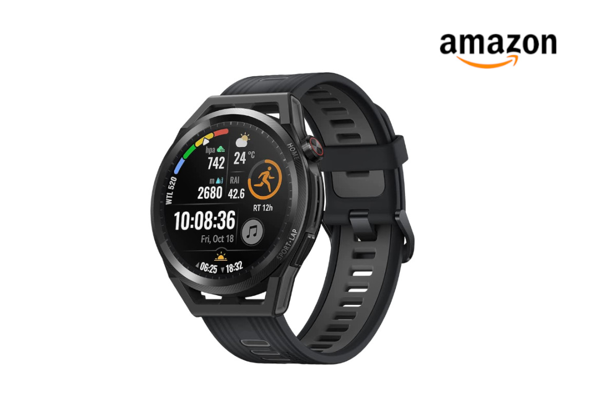 Schwarze Smartwatch Huawei schräg von vorne als Deal des Tages auf weißem Hintergrund und Amazon-Logo rechts oben