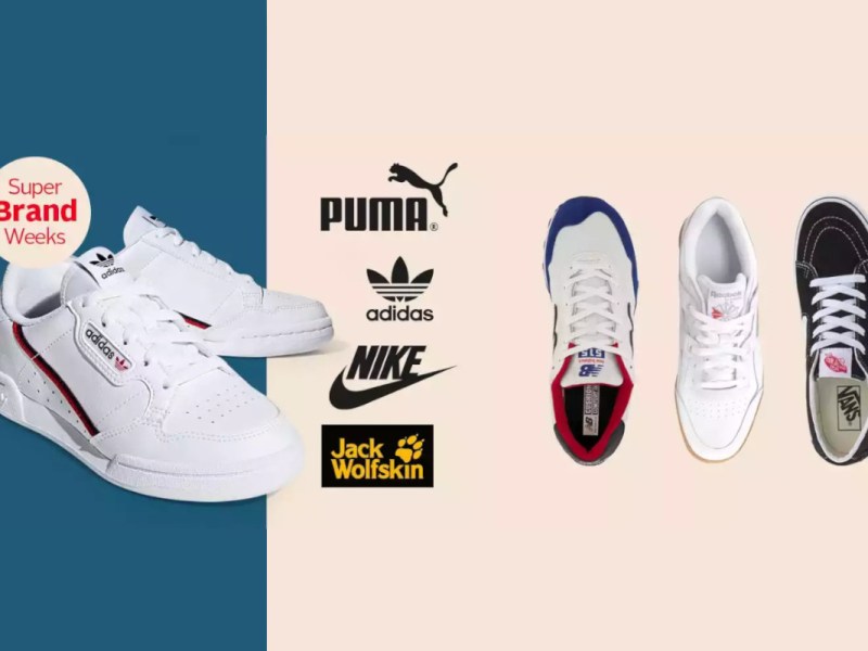 Verschiedene Laufschuhe ein Paar von der Seite, einzelne von oben mit Marken Logos dazwischen auf Blau beigen Hintergrund