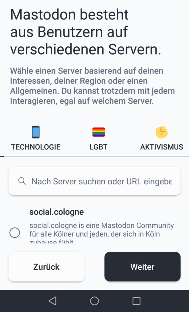 Screenshot mastodon Erklärung Server-System und Auswahl mit Icons