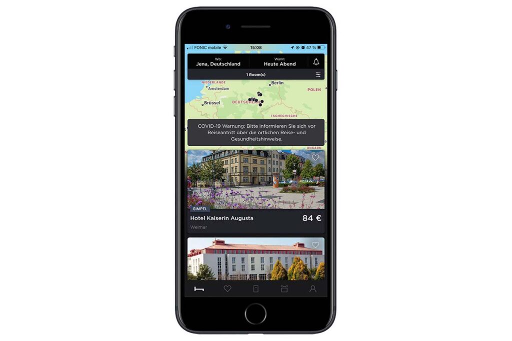 Screenshot der Last-Minute-Hotelbuchungs-App HotelTonight