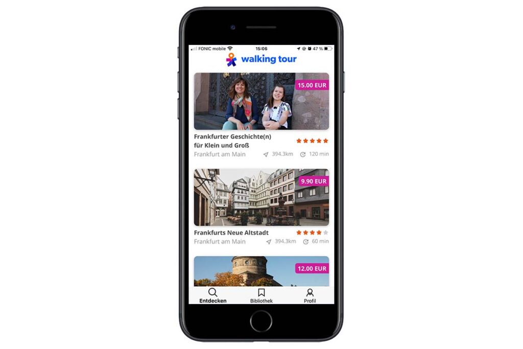 Screenshot der App Walking Tour mit Touren aus Frankfurt am Main