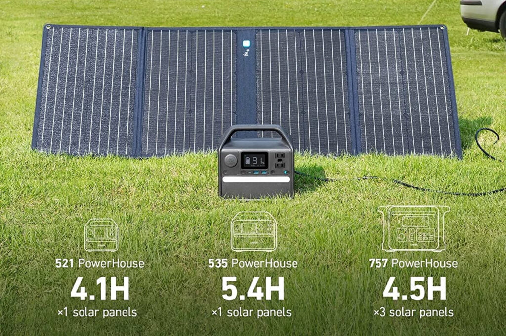 Aufgeklapptes Solarpanel hinter kleiner grauer Ladestation auf grünem Rasen mit weißen Icons und Zahlen dadrunter