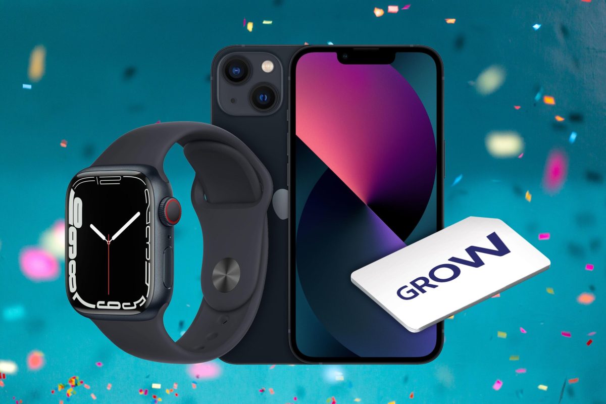 Ein Apple iPhone 13, eine Apple Watch S7 und eine O2-Grow-SIM-Karte vor einem türkisen Hintergrund mit Konfetti