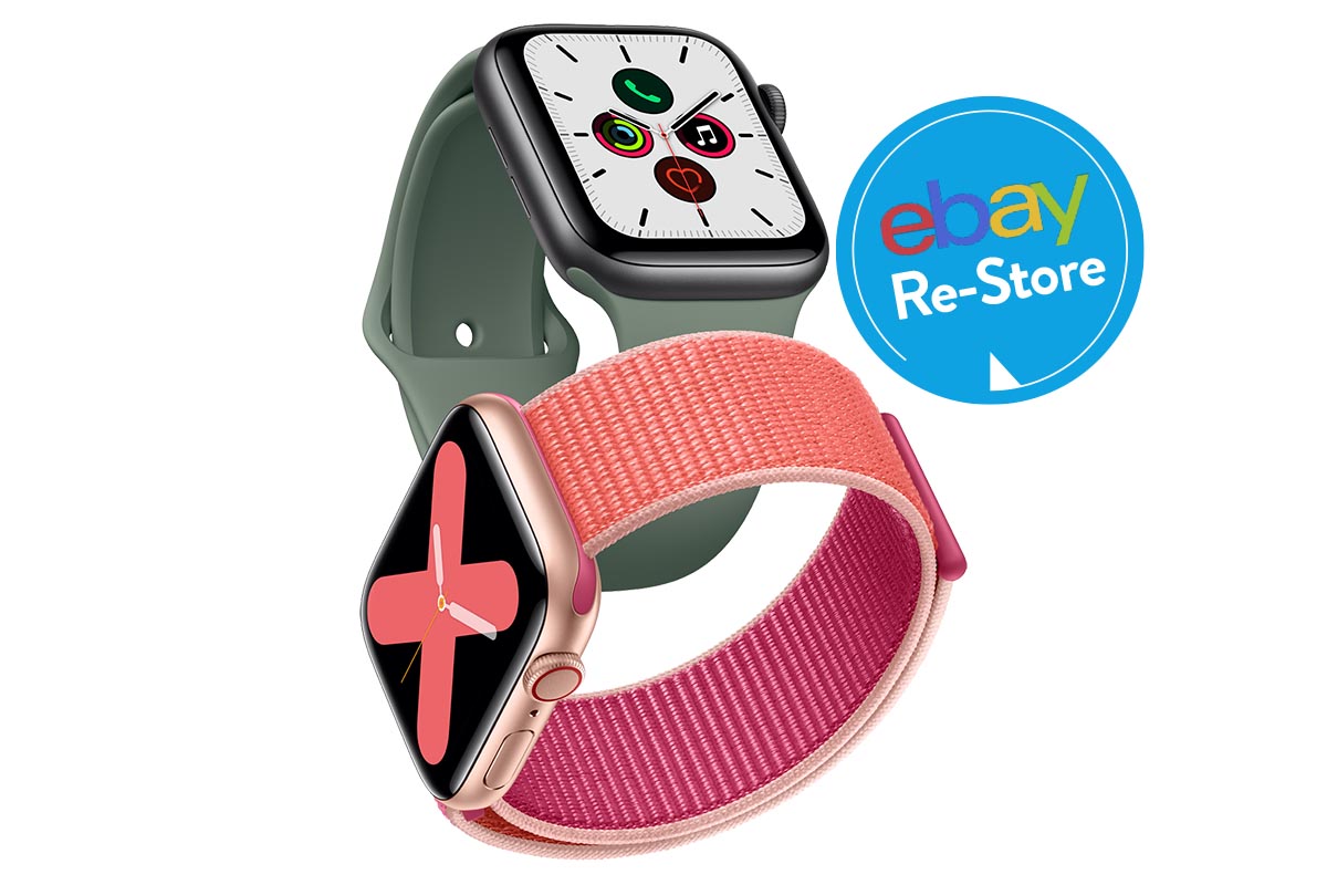 Zwei Apple Watch 5 in orange und grün übereinander auf weißem Hintergrund mit blauem Button "eBay Re-Store"