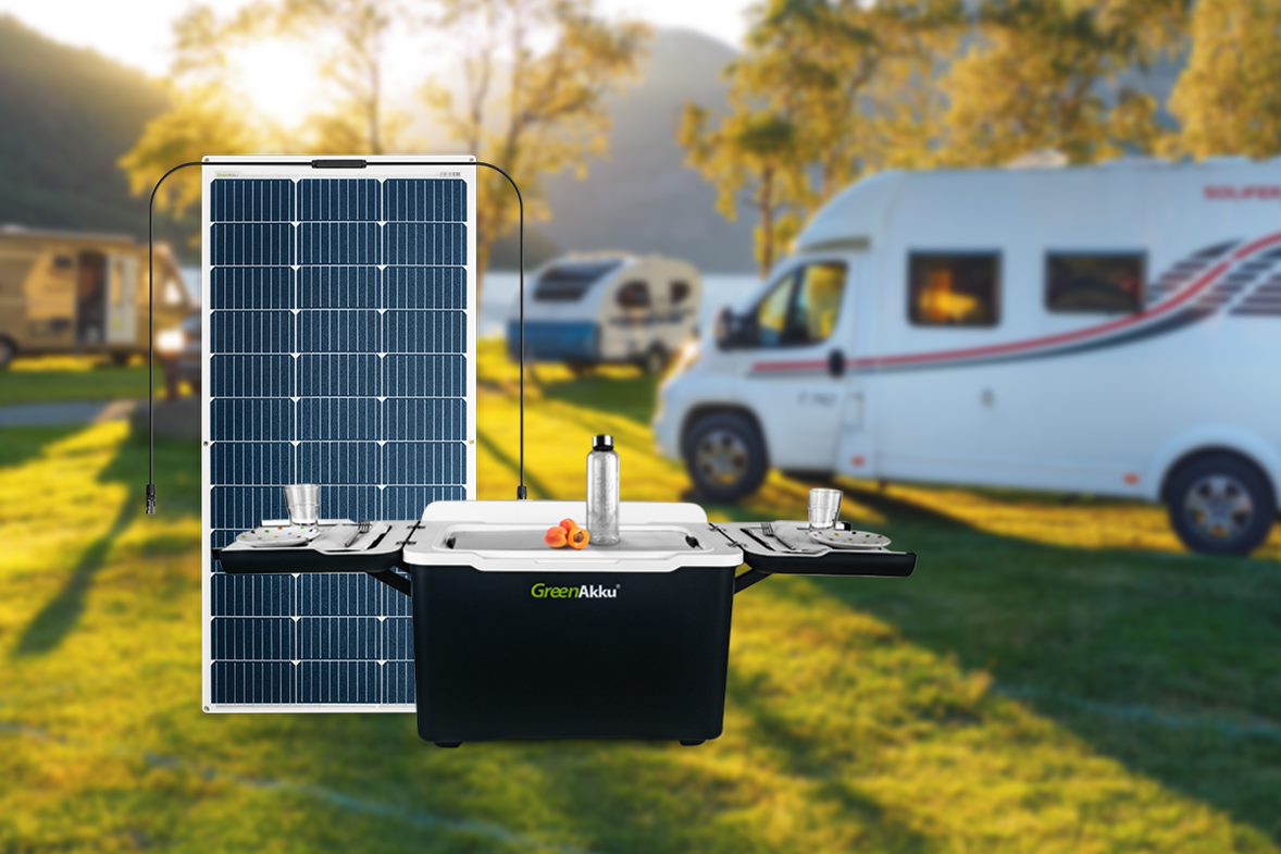 Es ist die GreenAkku Kühlbox im aufgeklappten Zustand sowie ein GreenAkku Solarmodul zu sehen. Im Hintergrund ist ein Campingplatz mit Wohnmobilen zu sehen.
