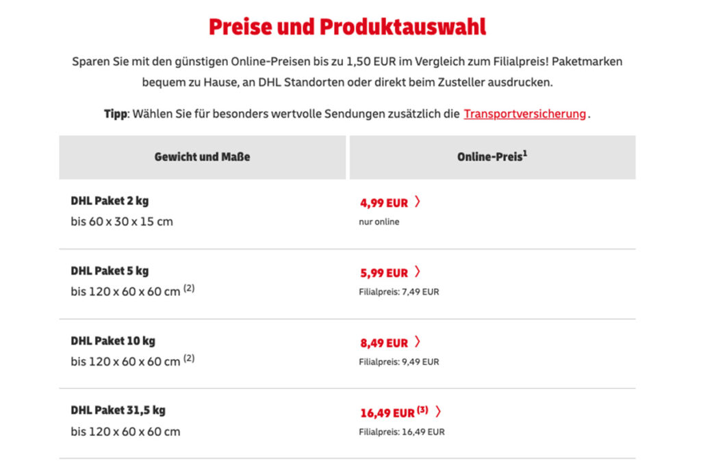Screenshot der bisherigen Preisunterschiede zwischen Online- und Filialpreisen der DHL Pakete.