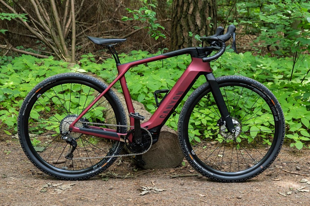 Seitenansicht: E-Gravel-Bike von Canyon lehnt an einem Baumstamm im Wald