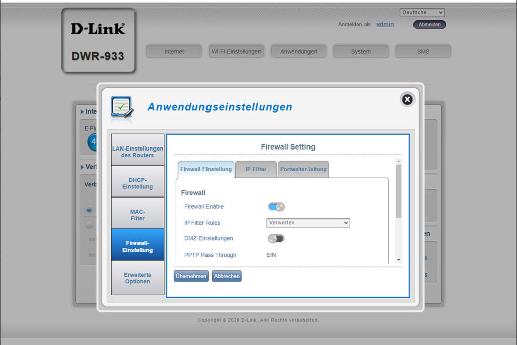 Ein Screenshot auf dem die Anwendungseinstellungen von D-Link zu sehen sind.