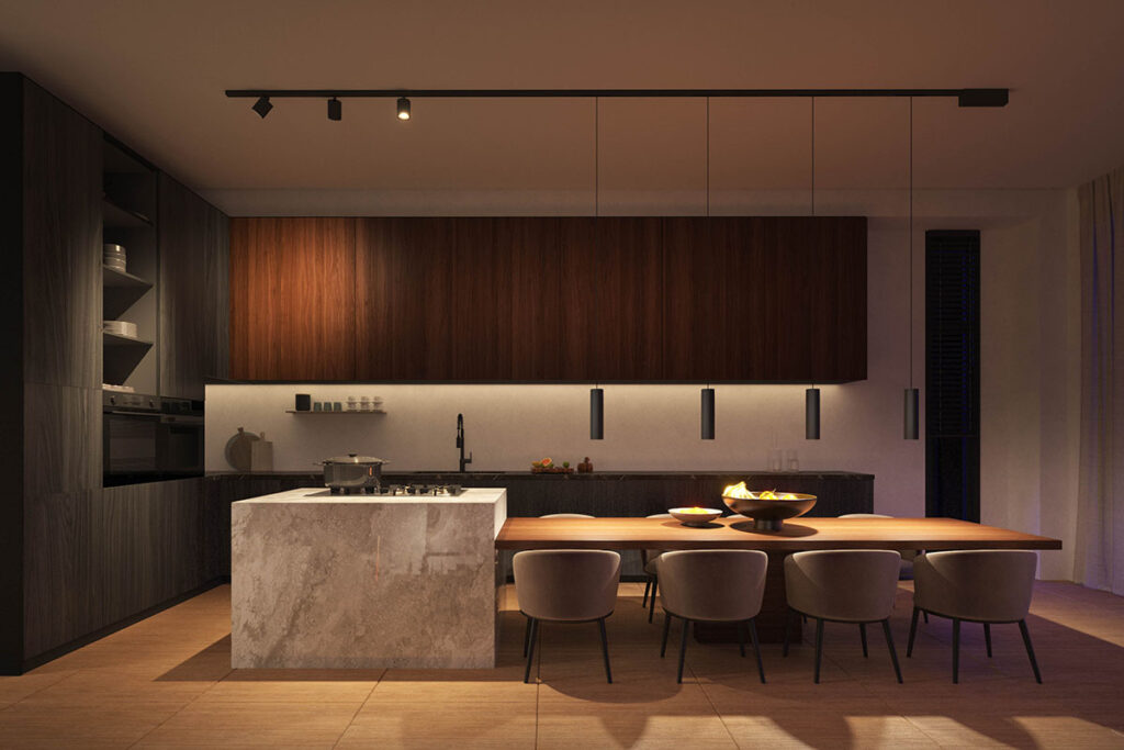 Küche, die dank smarter Beleuchtung von Philips Hue angenehm ausgeleuchtet ist