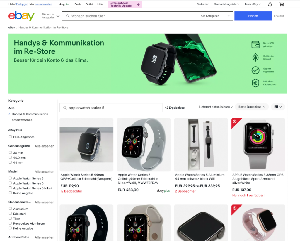 Screenshot eBay Re-Store mit Smartwatches