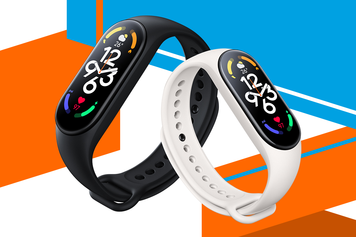 Das neue Smart Band 7 von Xiaomi auf buntem Hintergrund