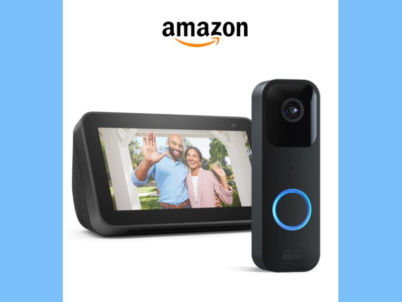 Amazon Blink Doorbell und Echo Show auf weiß blauem Hintergrund mit Amazon Logo oben mittig