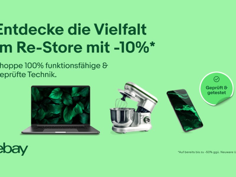 eBay-Aktion Re-Store Kampagnen-Titel und drei Geräte auf mintgrünem Hintergrund