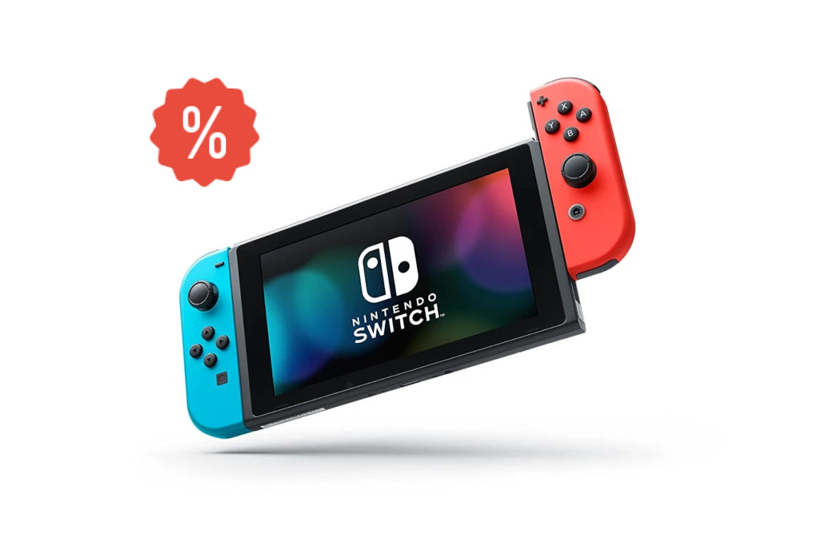 Nintendo Switch schräg schwebend auf weißem Hintergrund mit rotem Prozentzeichen links oben