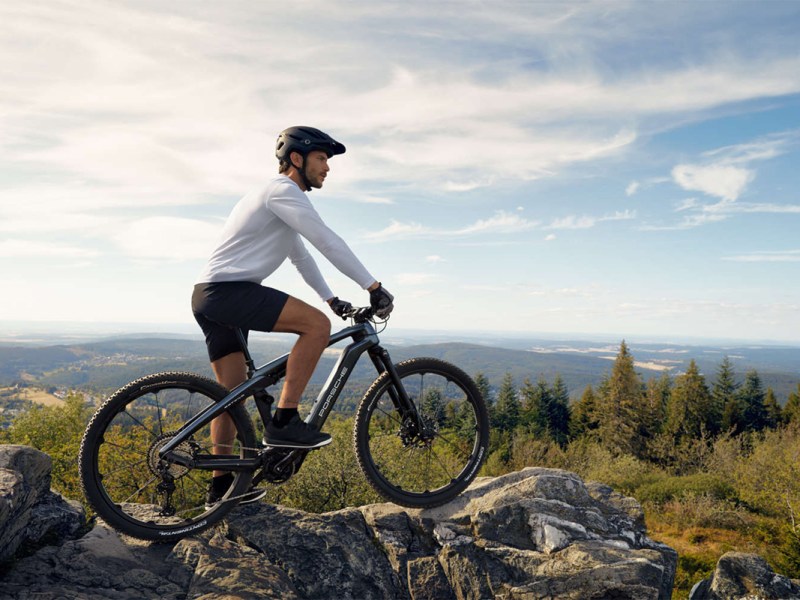 Mann auf Fahrrad vor Naturkulisse