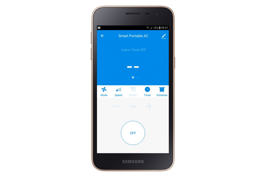 Smartphone zeigt App mit blauem und weißem Bereich auf weißem Hintergrund