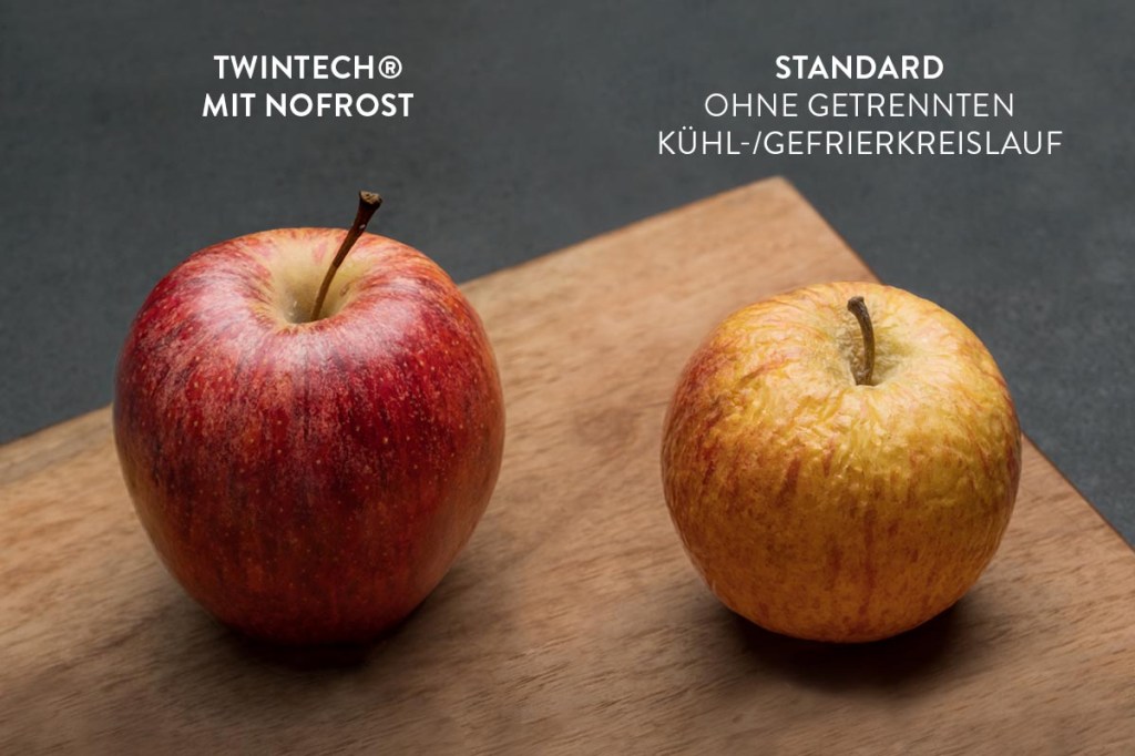 Zwei Äpfel die auf verschiedene Arten gelagert wurden.