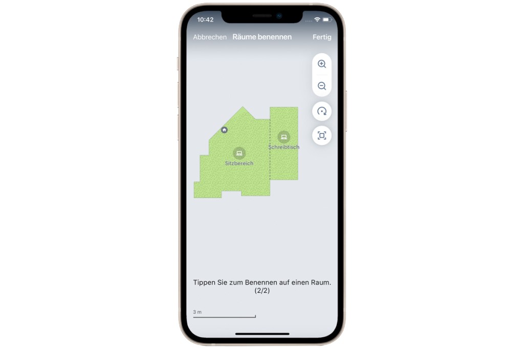 Es ist ein Screenshot der iRobot auf einem iPhone zu sehen. Die Karte des gereinigten Raums wird angezeigt.