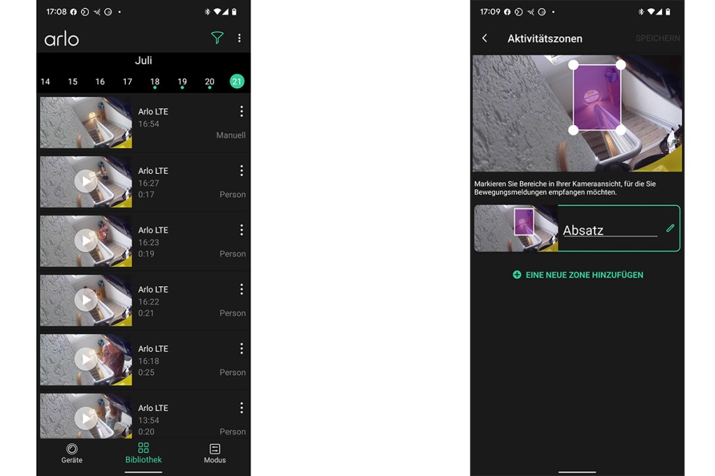 Zwei Screenshots der Arlo Secure App: Eine Liste aufgezeichneter Ereignisse und das Kamerabild mit Aktivitätszone