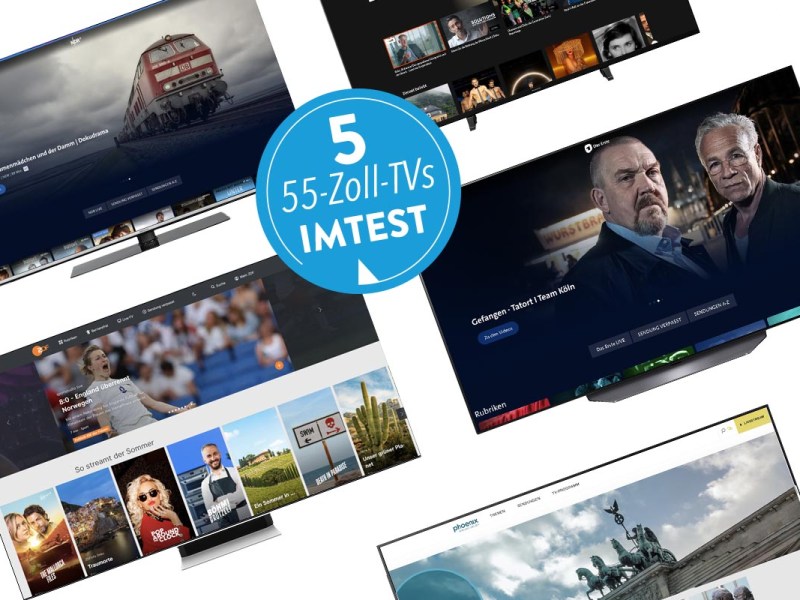 Fünf Fernseher vor weißem Hintergrund