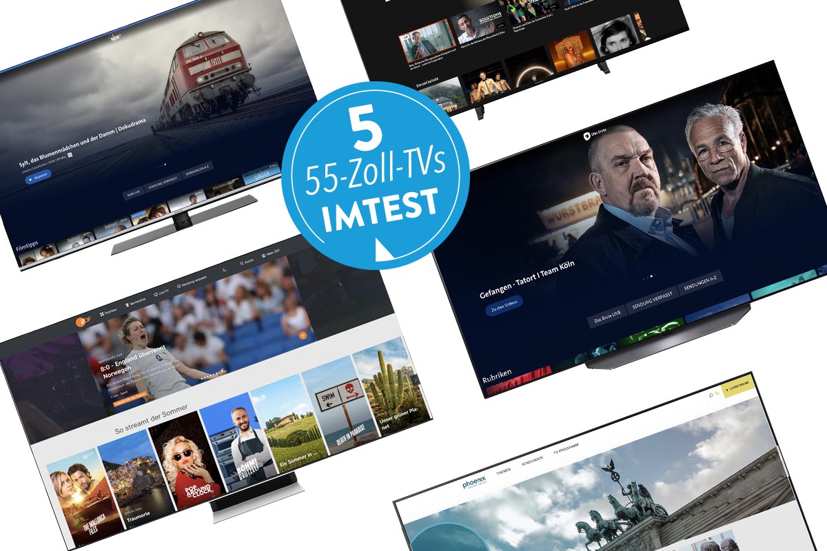 Fünf Fernseher vor weißem Hintergrund