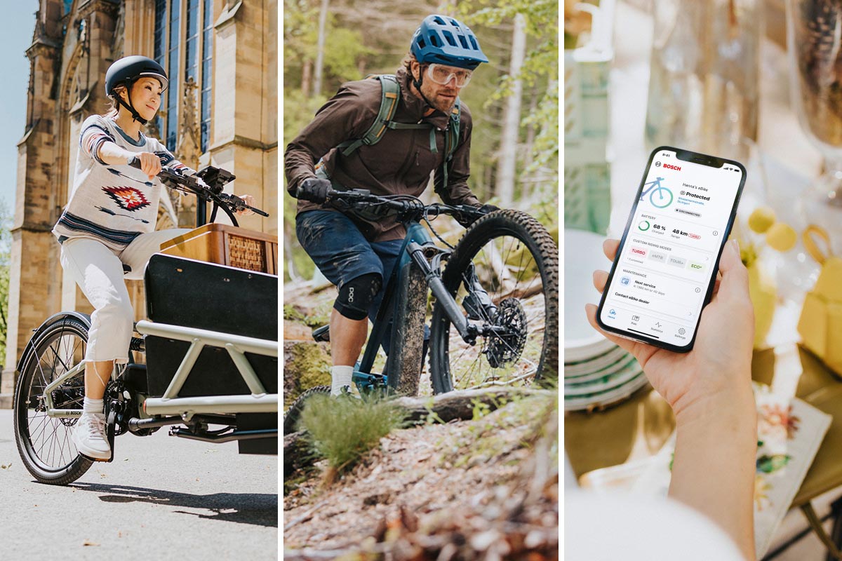 Dreigetailteiltes Bild zu den Neuheiten von Bosch eBike-Systems mit Frau, die ein Lastenrad fährt, einem Mann auf einem E-Mountainbike im Gelände und einer Frau, die ein Smartphone in der Hand hält, auf dessen Display die Bosch-E-Bike-App zu sehen ist.