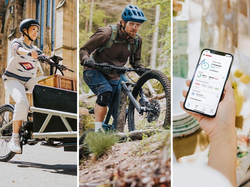 Dreigetailteiltes Bild zu den Neuheiten von Bosch eBike-Systems mit Frau, die ein Lastenrad fährt, einem Mann auf einem E-Mountainbike im Gelände und einer Frau, die ein Smartphone in der Hand hält, auf dessen Display die Bosch-E-Bike-App zu sehen ist.