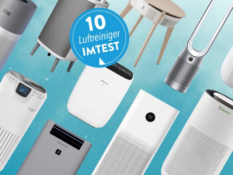 10 Luftreiniger vor türkisem Hintergrund